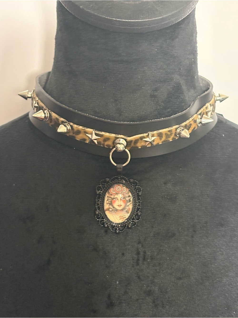 OOAK  black Leather leopard print velvet spike Choker, Necklace tattoo Cameo